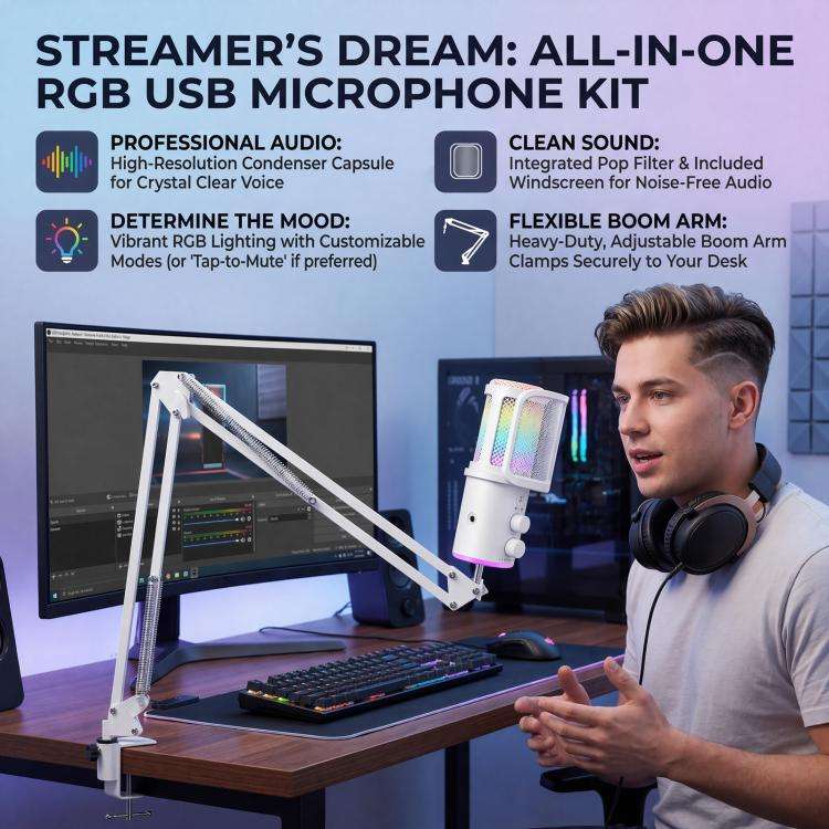 ONIKUMA M530 USB Condenser Microphone RGB Gaming Mic for Streaming(White)