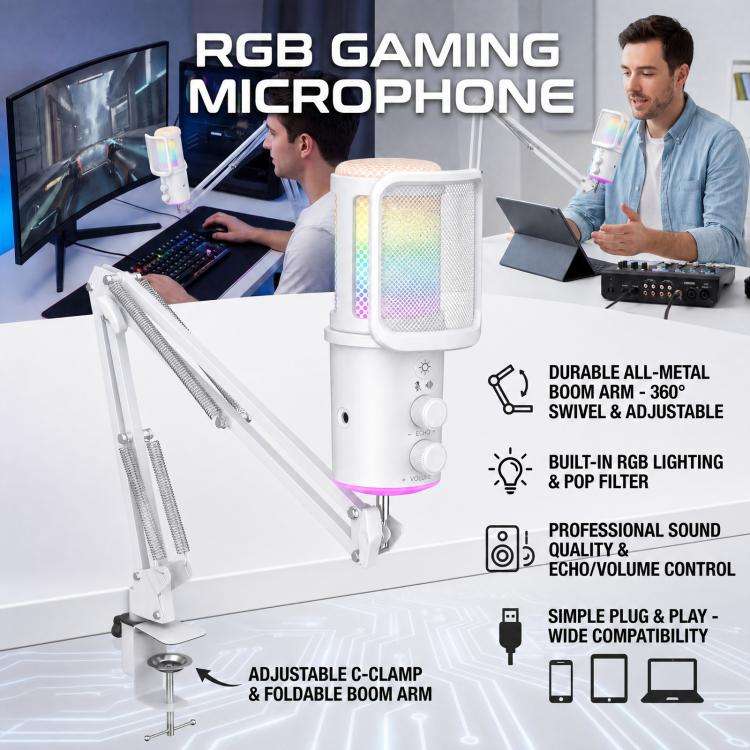 ONIKUMA M530 USB Condenser Microphone RGB Gaming Mic for Streaming(White)
