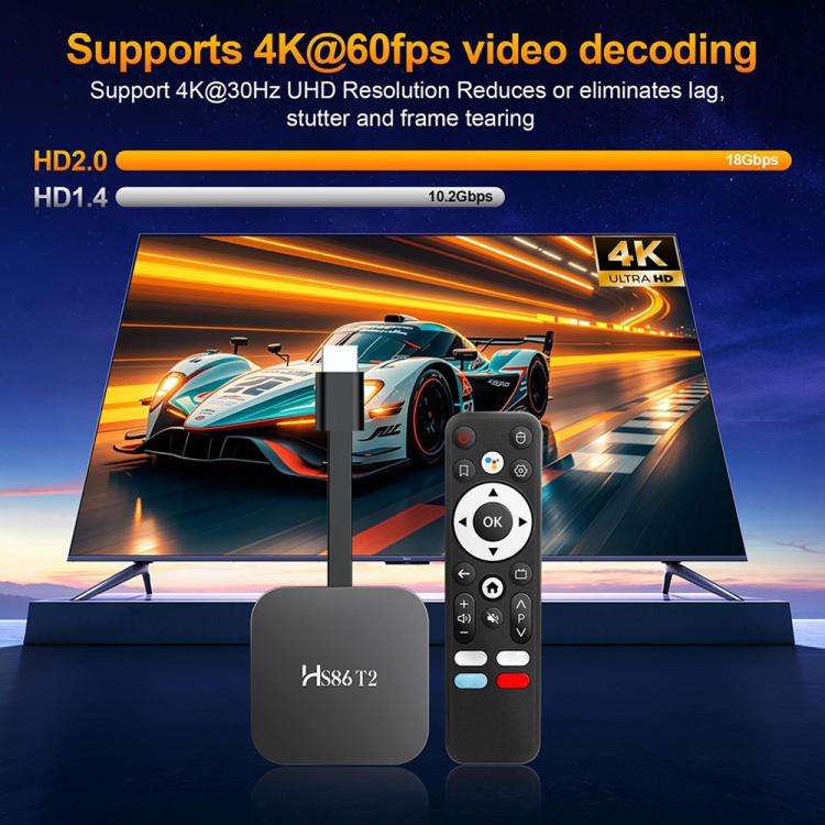 HS86 T2 Android 14 Mini HD TV Stick with Remote Control, 2GB+16GB, RK3518 Cortex-A53 Quad-Core, P...