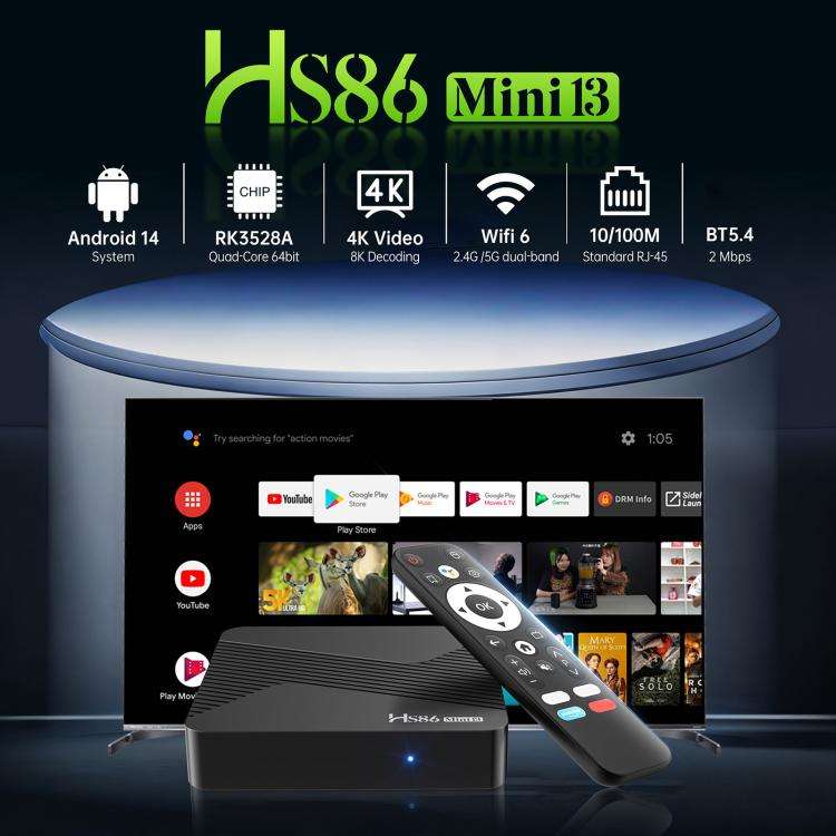 HS86 MINI 13 Android 14 Wifi 6 BT 5.4 4K TV Box, Plug:AU Plug(2 + 16GB)