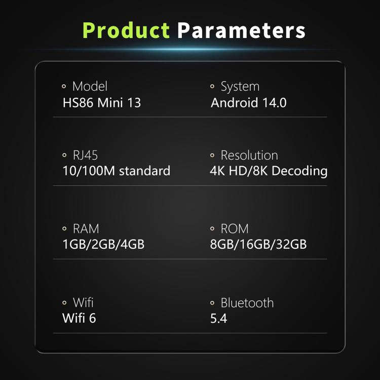 HS86 MINI 13 Android 14 Wifi 6 BT 5.4 4K TV Box, Plug:EU Plug(2 + 16GB)