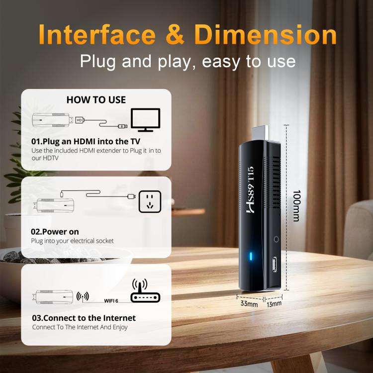 HS89 T15 Android 14 Mini HD TV Stick with Remote Control, 4GB+32GB, RK3539 Cortex-A55 Quad-Core(E...
