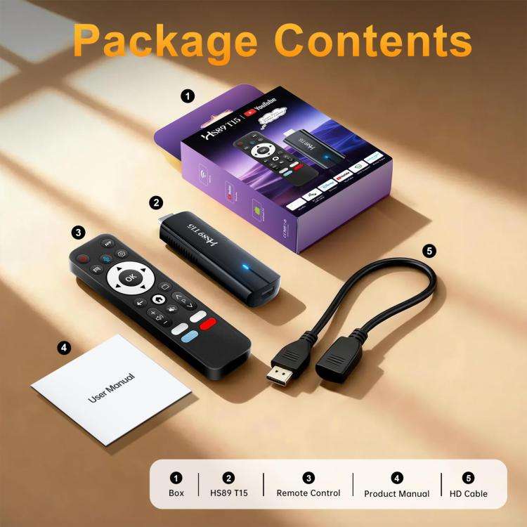 HS89 T15 Android 14 Mini HD TV Stick with Remote Control, 4GB+32GB, RK3539 Cortex-A55 Quad-Core(U...