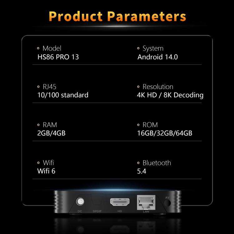 HS86 PRO13 Android 14 Wifi 6 BT 5.4 4K TV Box, Plug:AU Plug(2 + 16GB)