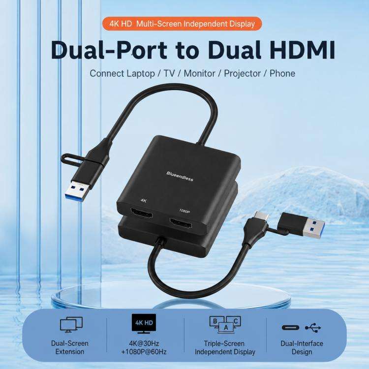 Blueendless HU201 USB / Type-C to Dual HDMI Docking Station Supports MacOS Extended Display