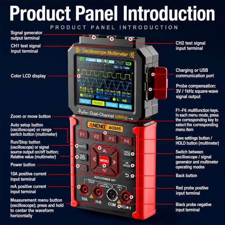 ANENG AOS05 3-in-1 Handheld Digital Oscilloscope Multimeter Dual-Channel 50MHz(Red)