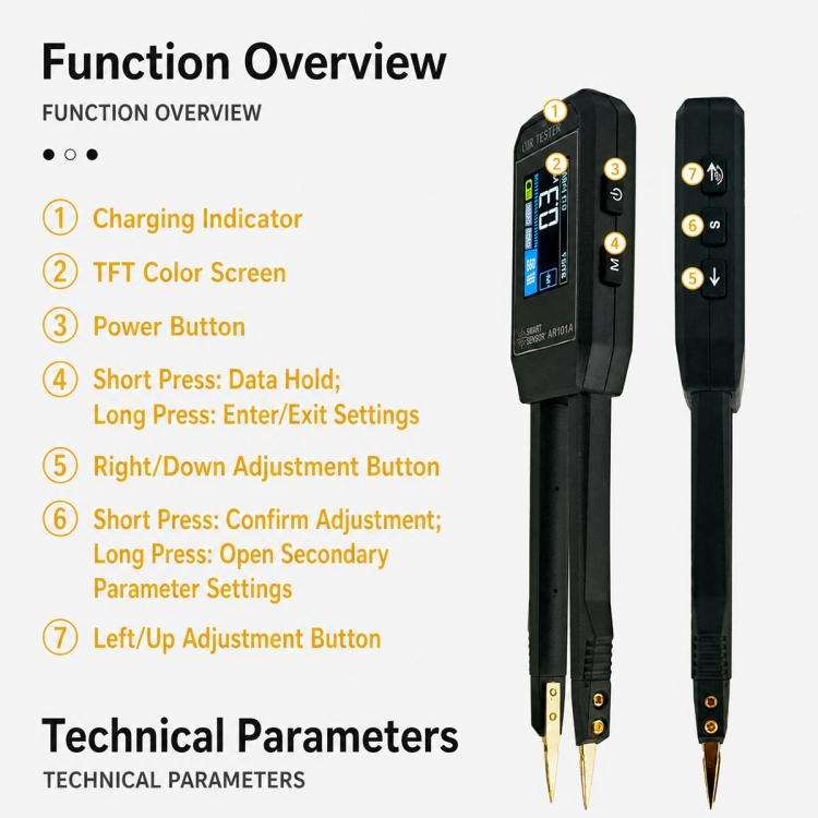SMART SENSOR AR101A Digital Tweezers LCR Tester SMD Component Test Tweezers(Black)