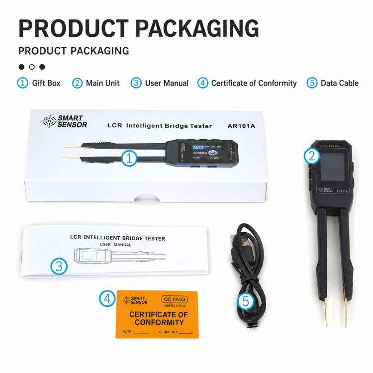 SMART SENSOR AR101A Digital Tweezers LCR Tester SMD Component Test Tweezers(Black)
