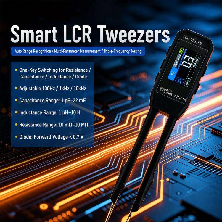 SMART SENSOR AR101A Digital Tweezers LCR Tester SMD Component Test Tweezers(Black)