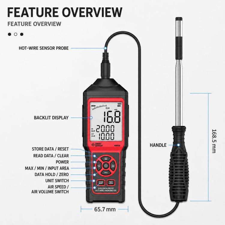 SMART SENSOR AM866 High-Precision Handheld Thermal Anemometer(Black)