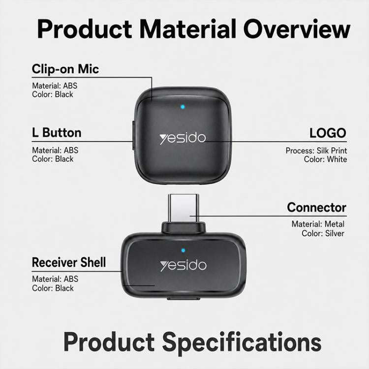 Yesido KR26 Standard Noise Reduction Wireless Lavalier Microphone with 8 Pin Receiver(Black)