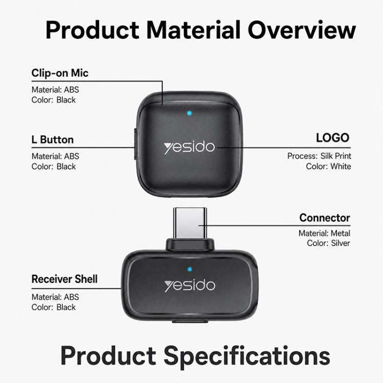 Yesido KR27 Standard Noise Reduction Wireless Lavalier Microphone with Type-C Receiver(Black)