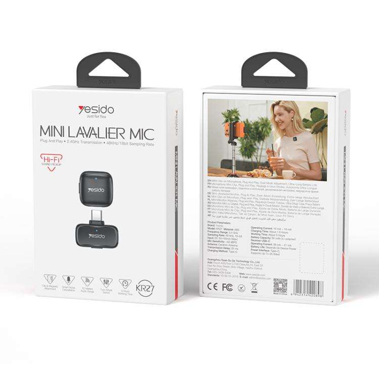 Yesido KR27 Standard Noise Reduction Wireless Lavalier Microphone with Type-C Receiver(Black)