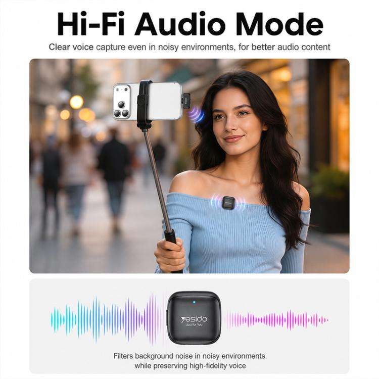 Yesido KR27 Standard Noise Reduction Wireless Lavalier Microphone with Type-C Receiver(Black)