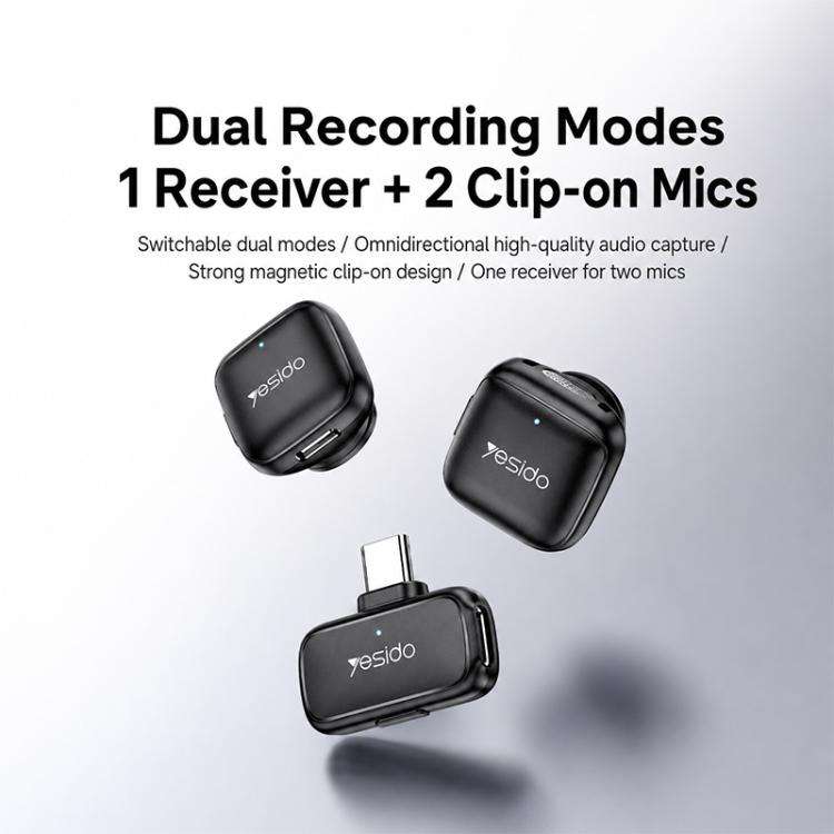 Yesido KR28 1 to 2 Standard Noise Reduction Wireless Lavalier Microphone with 8 Pin Receiver(Black)