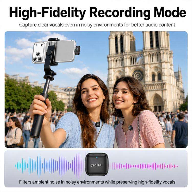 Yesido KR28 1 to 2 Standard Noise Reduction Wireless Lavalier Microphone with 8 Pin Receiver(Black)