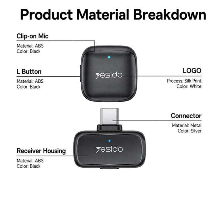 Yesido KR29 1 to 2 Standard Noise Reduction Wireless Lavalier Microphone with Type-C Receiver(Black)