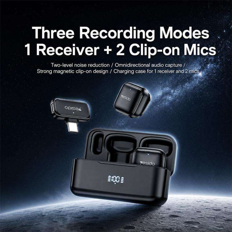 Yesido KR30 1 to 2 Wireless Lavalier Microphone 8 Pin Receiver with Charging Box(Black)