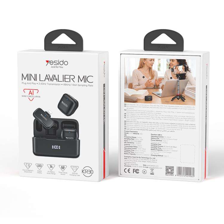 Yesido KR30 1 to 2 Wireless Lavalier Microphone 8 Pin Receiver with Charging Box(Black)