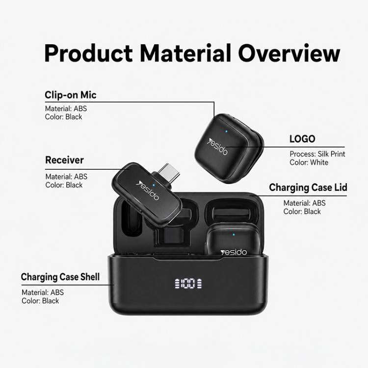 Yesido KR30 1 to 2 Wireless Lavalier Microphone 8 Pin Receiver with Charging Box(Black)