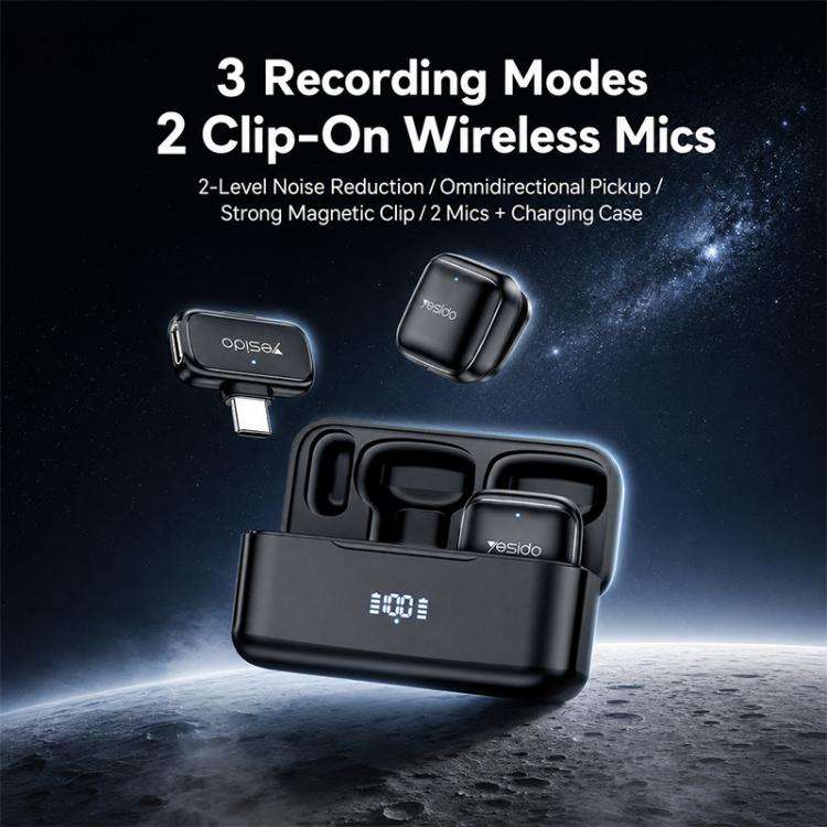Yesido KR31 1 to 2 Wireless Lavalier Microphone Type-C Receiver with Charging Box(Black)