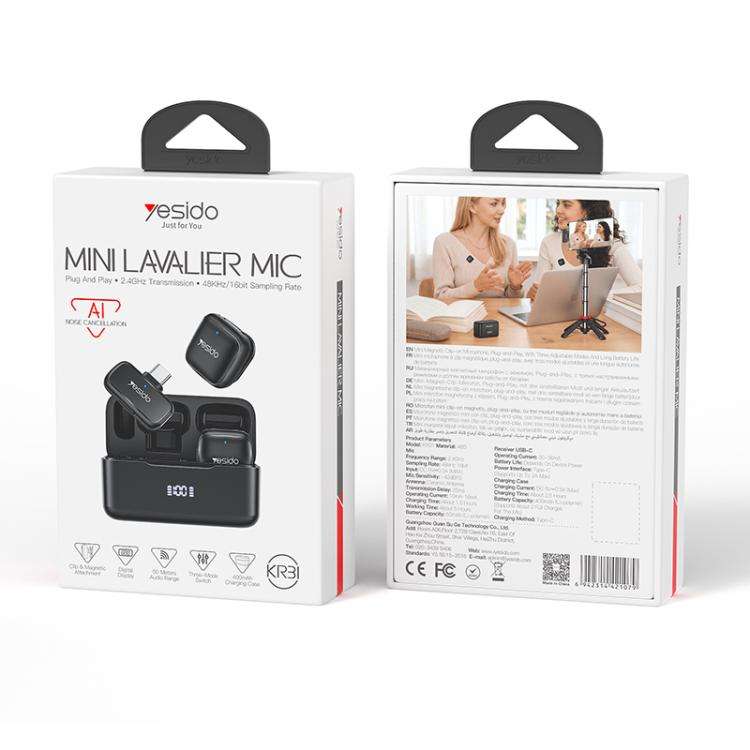 Yesido KR31 1 to 2 Wireless Lavalier Microphone Type-C Receiver with Charging Box(Black)