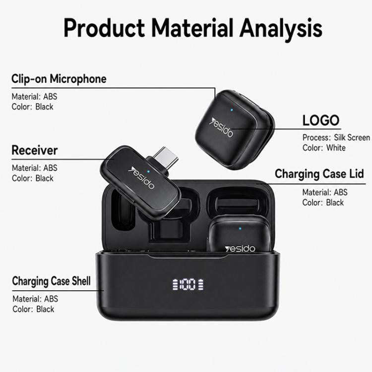 Yesido KR31 1 to 2 Wireless Lavalier Microphone Type-C Receiver with Charging Box(Black)