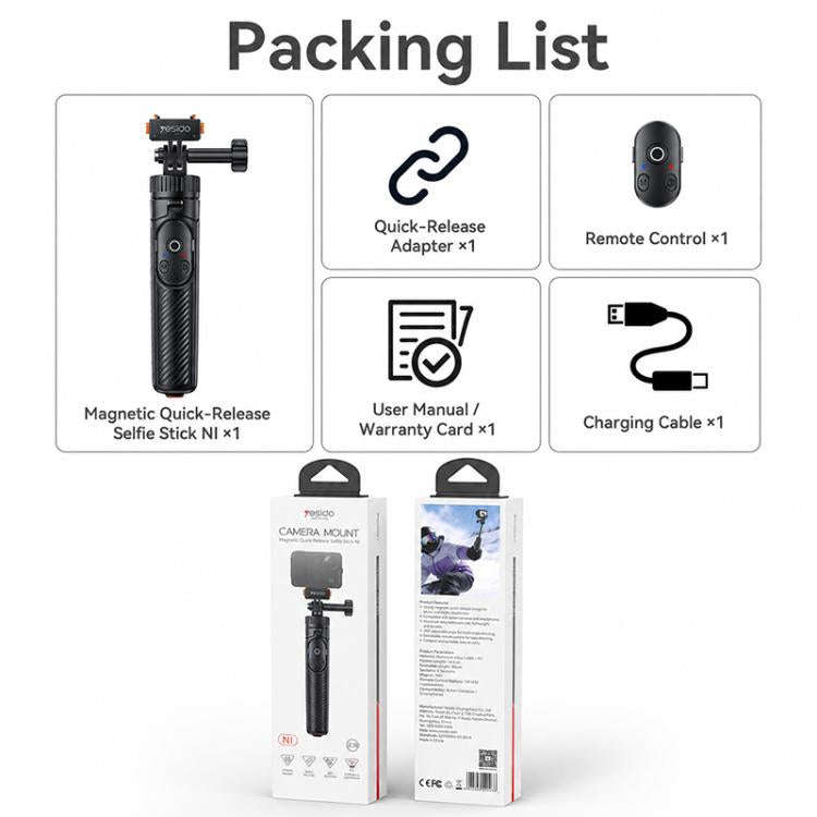 Yesido SF38 Portable 2 in 1 Magnetic Quick-Release Selfie Stick NI(Black)