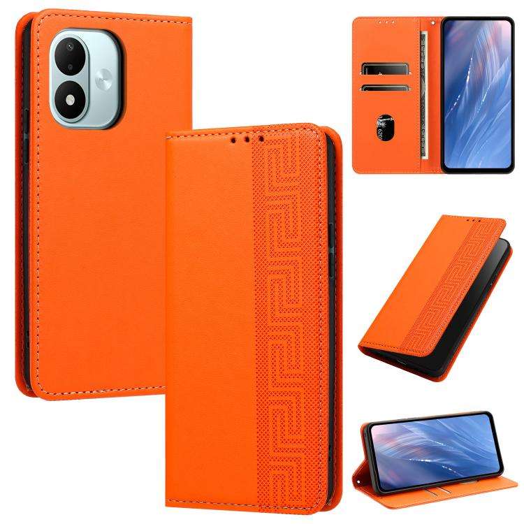 For Redmi Note 17 4G Global 169.7mm Embossed Meander Pattern RFID Vegan Leather Phone Case(Orange)