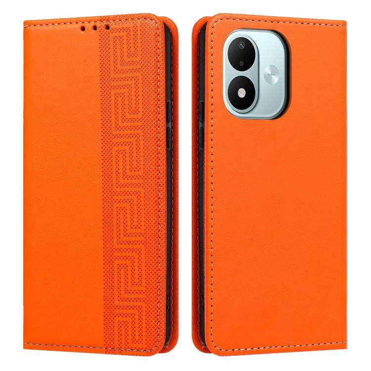 For Redmi Note 17 4G Global 169.7mm Embossed Meander Pattern RFID Vegan Leather Phone Case(Orange)