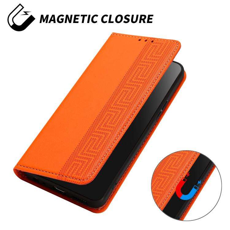 For Redmi Note 17 4G Global 169.7mm Embossed Meander Pattern RFID Vegan Leather Phone Case(Orange)