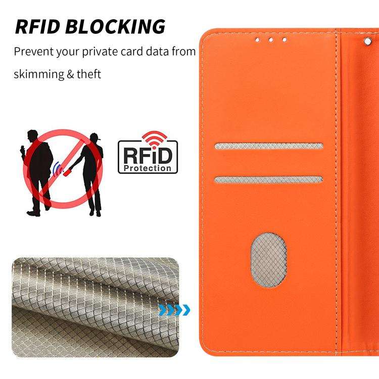 For Redmi Note 17 4G Global 169.7mm Embossed Meander Pattern RFID Vegan Leather Phone Case(Orange)