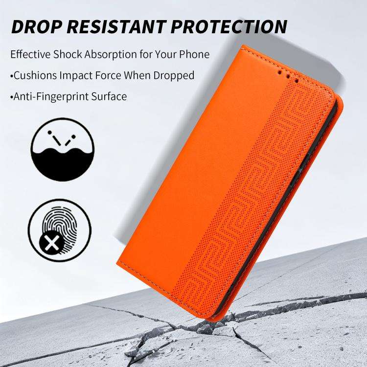 For Redmi Note 17 4G Global 169.7mm Embossed Meander Pattern RFID Vegan Leather Phone Case(Orange)