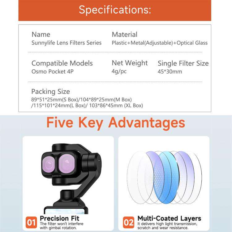 For DJI Osmo Pocket 4P Sunnylife Camera Lens Filter, Filter:MCUV