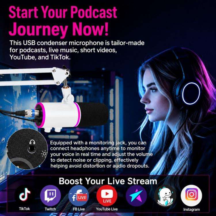 XTUGA GV6 Condenser RGB Gaming Desktop Microphone for Live Streaming and Recording(White)