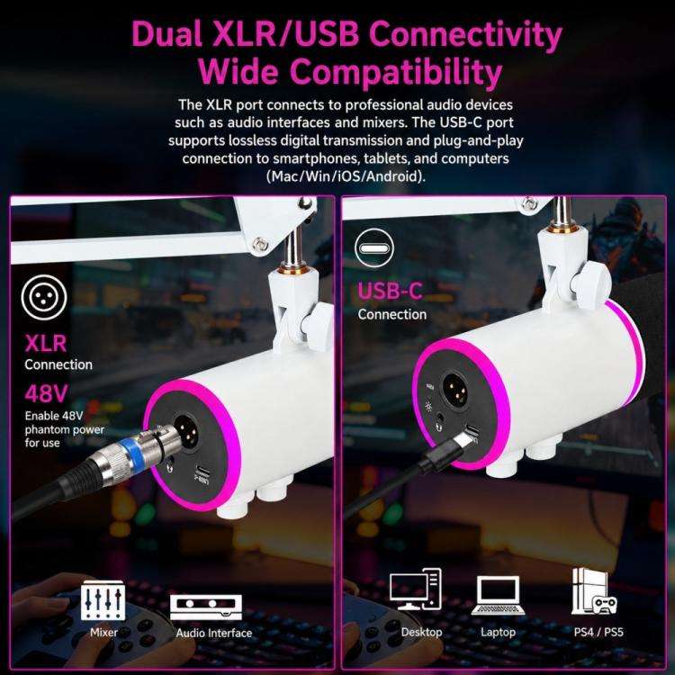 XTUGA GV6 Condenser RGB Gaming Desktop Microphone for Live Streaming and Recording(White)