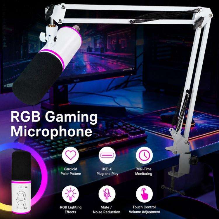 XTUGA GV6 Condenser RGB Gaming Desktop Microphone for Live Streaming and Recording(White)