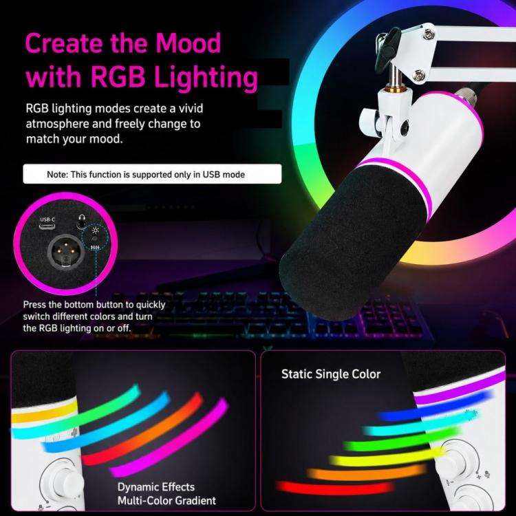 XTUGA GV6 Condenser RGB Gaming Desktop Microphone for Live Streaming and Recording(White)