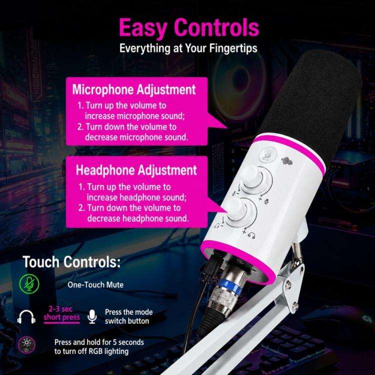 XTUGA GV6 Condenser RGB Gaming Desktop Microphone for Live Streaming and Recording(White)