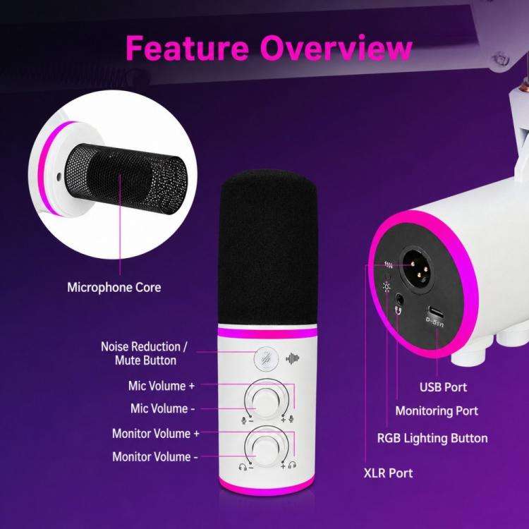 XTUGA GV6 Condenser RGB Gaming Desktop Microphone for Live Streaming and Recording(White)