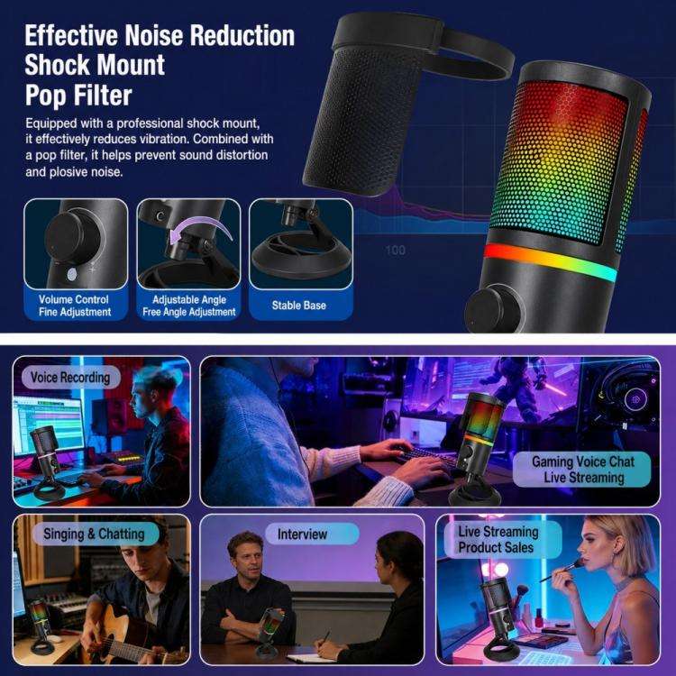 XTUGA GB2066 Portable Design RGB Lighting Condenser Desktop Microphone(White)