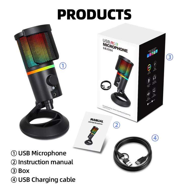 XTUGA GB2066 Portable Design RGB Lighting Condenser Desktop Microphone(White)