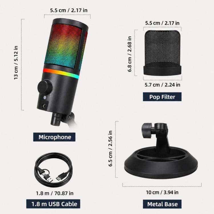 XTUGA GB2066 Portable Design RGB Lighting Condenser Desktop Microphone(White)