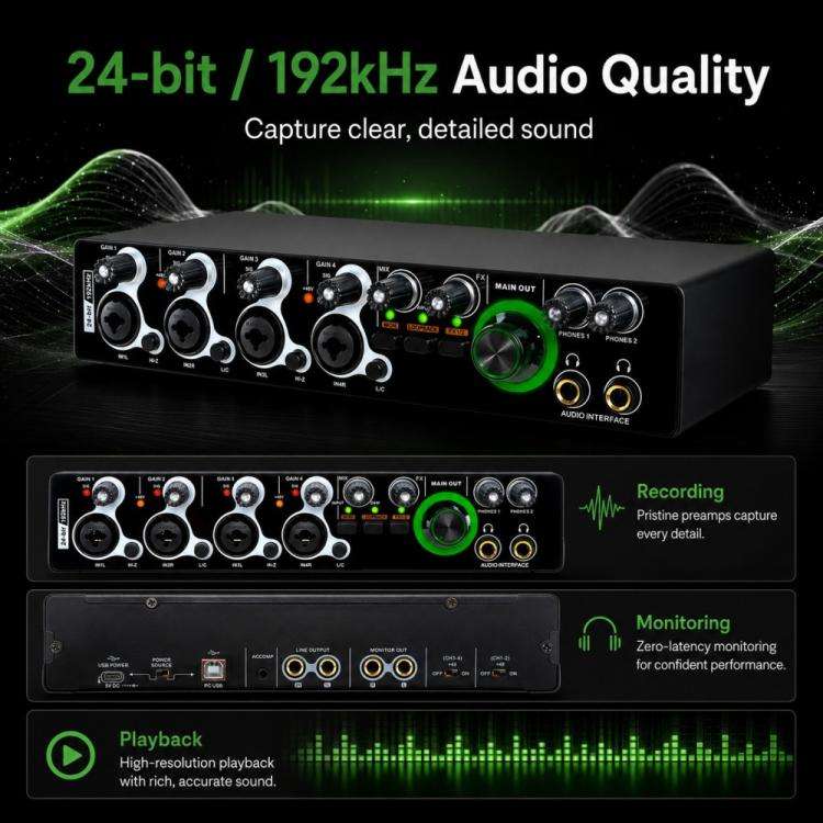 XTUGA E-44 4 In-2 Out 24Bit 192kHz Professional USB Audio Interface Recording Sound Card(Black)