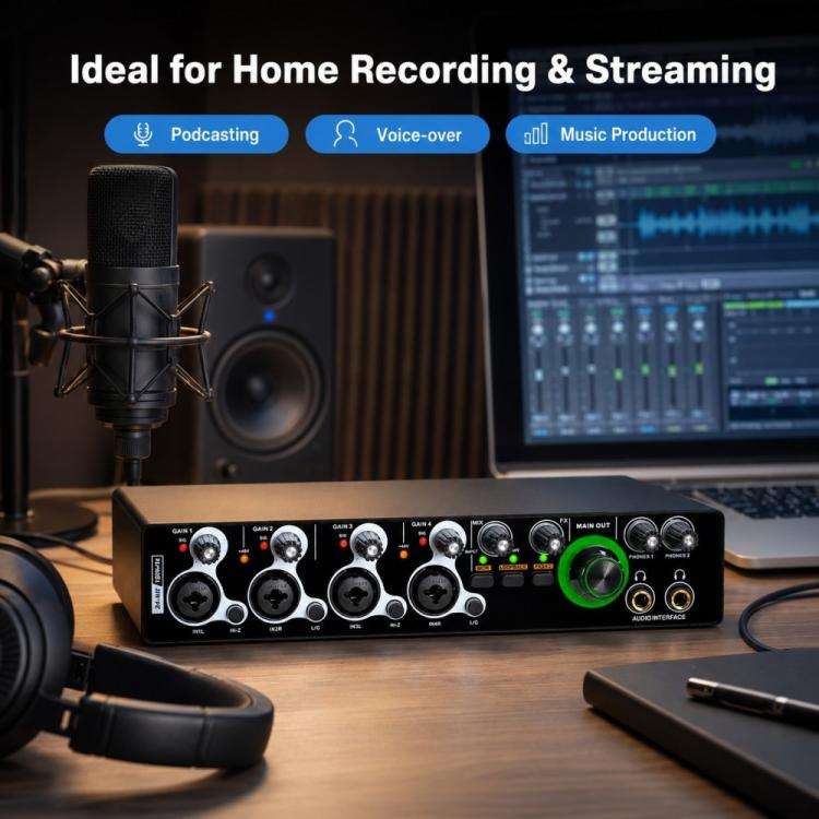 XTUGA E-44 4 In-2 Out 24Bit 192kHz Professional USB Audio Interface Recording Sound Card(Black)