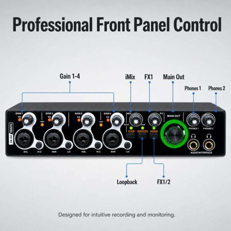 XTUGA E-44 4 In-2 Out 24Bit 192kHz Professional USB Audio Interface Recording Sound Card(Black)