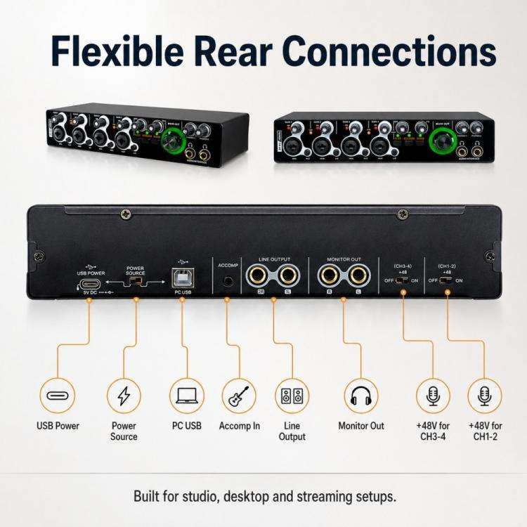 XTUGA E-44 4 In-2 Out 24Bit 192kHz Professional USB Audio Interface Recording Sound Card(Black)