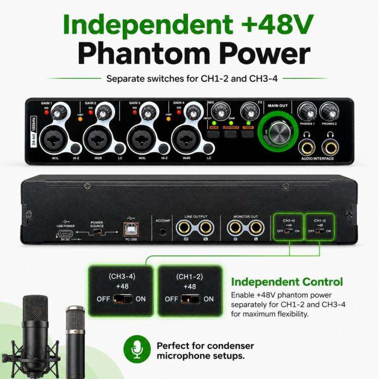 XTUGA E-44 4 In-2 Out 24Bit 192kHz Professional USB Audio Interface Recording Sound Card(Black)