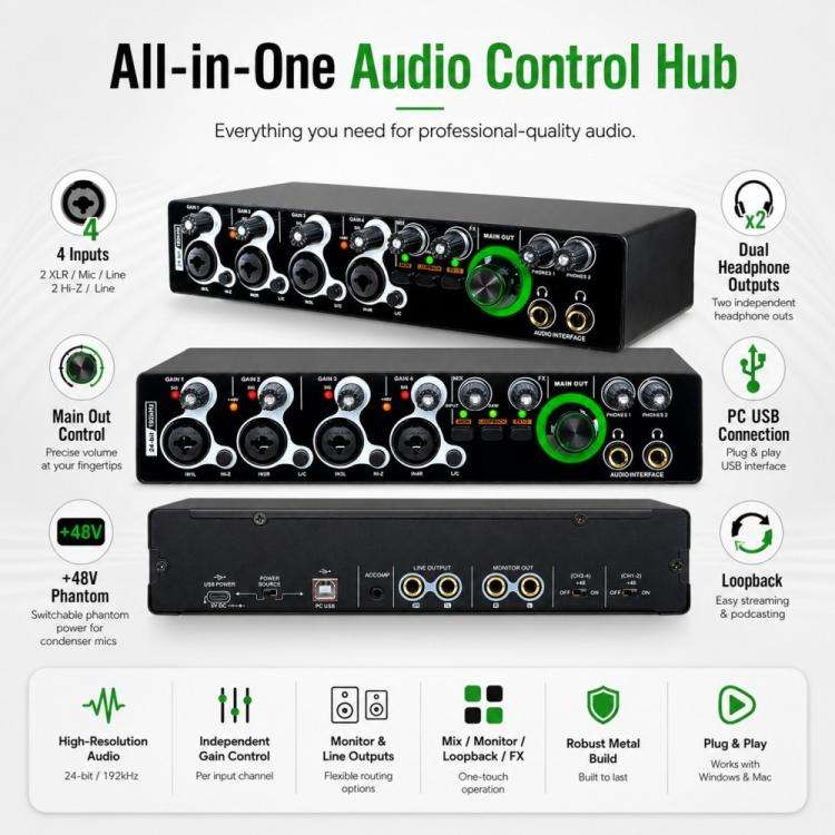 XTUGA E-44 4 In-2 Out 24Bit 192kHz Professional USB Audio Interface Recording Sound Card(Black)