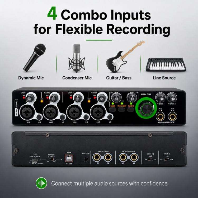 XTUGA E-44 4 In-2 Out 24Bit 192kHz Professional USB Audio Interface Recording Sound Card(Black)